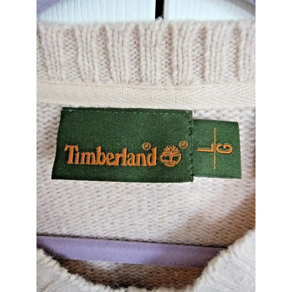Timberland Mens L V-Neck Y2K Vintage Lambswool Sweater Beige Tan Large Logo‎